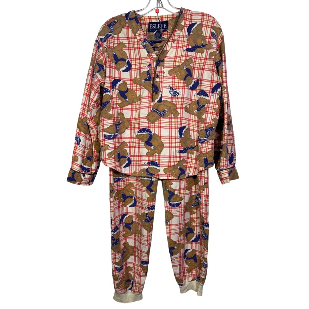 ESLEEP Vintage 90s Teddy Bear Plaid Cotton Flannel Pajama Set Unisex Sz Small